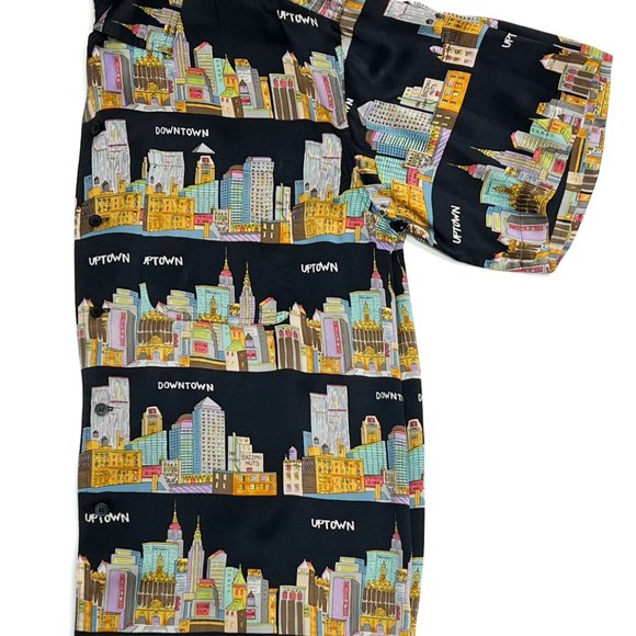90s Vintage Nicole Miller Mens Silk Shirt NYC Cityscape Architecture Print XS - Picture 7 of 11